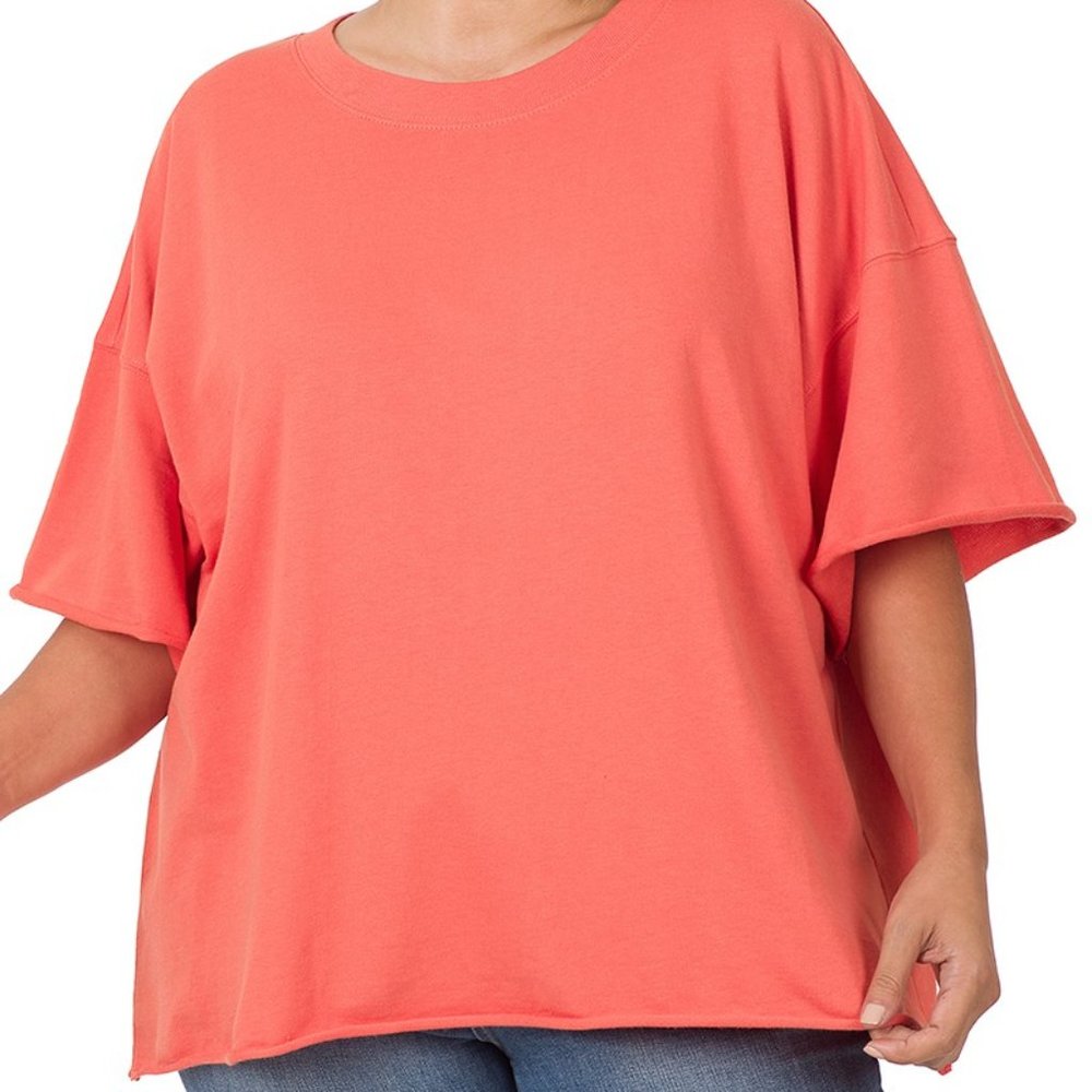 ZENANA 3X PLUS FRENCH TERRY DROP SHOULDER RAW EDGE TOP ORANGE